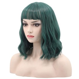 WildCos Short 14 Inches Pastel Wavy With Air Bangs Bob Cosplay Wig for Girl and Women Colorful Wigs (Green)