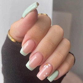 24Pcs French Tip Press on Nails Pink Fake Nails with Flowers Designs Green False Nails Medium Acrylic Press on Nails Square Glue on Nails Glossy Artificial Nails Stick on Nails for Women