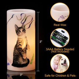 Wondise Flameless Flickering Candles with 6H Timer, Battery Operated Real Wax Pillar Candles with Lovely Cat Decal for Christmas Home Decoration Gifts