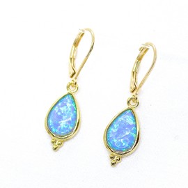 Opal earrings, Gold drop blue opal dangle earrings for women, Unique gold earring, Teardrop Opal dangle earrings, Birthstone earrings