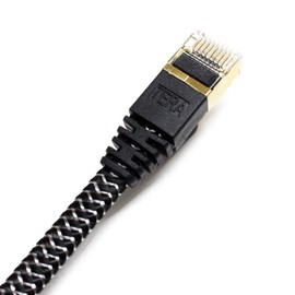 Tera Grand - 12FT - CAT7 10 Gigabit Ethernet Ultra Flat Patch Cable for Modem Router LAN Network - Braided Jacket, Gold Plated Shielded RJ45 Connectors, Faster Than CAT6a CAT6 CAT5e, Black & White