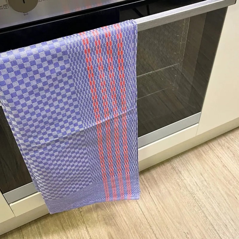 Redecker + Kracht Oversized Tea Towel Blue Check/Red Stripes 50