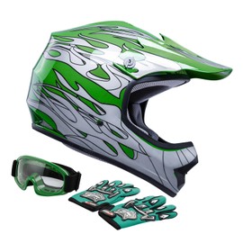 TCT-MOTORPARTS Green Flame DOT Kids Youth Motocross Helmets ATV Off-Road Dirt Bike Motorcycle Full Face Helmet+Gloves+Goggles Large