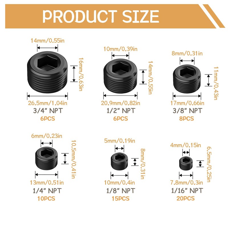 zDwfDc 65PCS 6 Size Black Carbon Steel NPT Pipe Fittings,