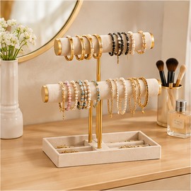 Two-Tier Bracelet and Bangle Organizer Stand for Jewelry Display – Wooden T-Style Rack for Desktop Storage
