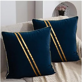 BAOKU 18 x 18 Inch Set of 2 Blue Gold Leather Striped Lines Velvet Cushion Case Luxury Modern Throw Pillow Cover Decorative Pillow Trimmed Velvet for Couch Living Room Bedroom Car