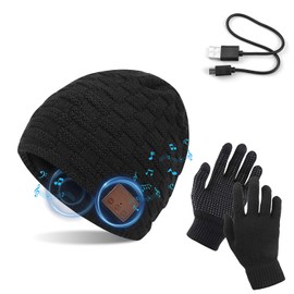 Tagvo Bluetooth V5.0 Beanie with Touchscreen Gloves Set, Winter Warm Knitted Wireless Bluetooth Headset Music Hat for Running, Skiing, Hiking., black
