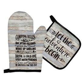 Mingnei Adventure Camping Rv Kitchen Oven Mitts and Pot Holders Sets, Camping Rules Heat Resistant Potholder Rv Kitchen Decor for Cooking Baking BBQ Grilling, Camper Rv Oven Glove Set Gifts