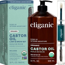 Aceite de ricino orgánico, 100% puro (32 oz con kit para pestañas) para pestañas, cejas, cabello y piel | Natural, prensado en frío, sin refinar, sin hexano