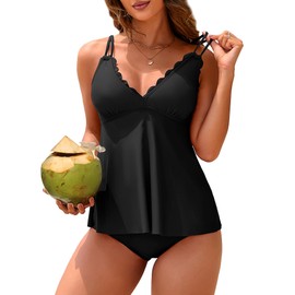 ANFILIA Tankini Swimsuits for Women Tummy Control Bathing Suits Two Piece Tankini Tops with Bikini Bottoms V Neck Swimwear Black