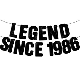 Pre-Strung Legend Since 1986 Black Glitter Banner, Happy 40th Birthday Decorations for Men, 40 Year Old Anniversary Party Decor for Women