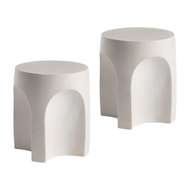 COSIEST Set of 2 Concrete Side Table Drum Shape, 2 Pieces Outdoor Side Table, Patio Accent Table Cement End Tables, Garden Decorative Stool, Plant Stand Drum Table, Spotted White