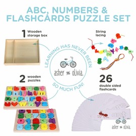Asher and Olivia Alphabet Number Puzzles & Flash Cards – with Lacing Beads and Threads - Preschoo