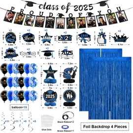 FRAMICS Graduation Decorations 2025, Graduation Banner Class of 2025, Graduations Photo Banner, Tinsel Backdrop Curtains, Ballons & Streamers Kit, Graduations Party Decorations, 82 Pieces, Blue