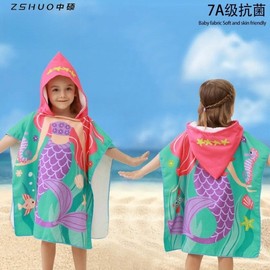 Kids' Soft Quick-Dry Character Print Microfiber Hooded Poncho Beach Bath Towel Little Blue Dinosaur + 60*120cm [Tiled Size] 4ea
