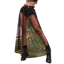 Floerns Women's 2 in 1 Lace Sheer Mesh High Waist Galaxy Print A Line Maxi Skirt, Black, Large