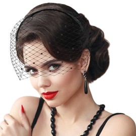XLIUAX 1920s Black Veil Headband, Birdcage Veil Flapper Fascinator Mesh Vintage Lace Blusher Veils for Women Funeral Veils(Black)