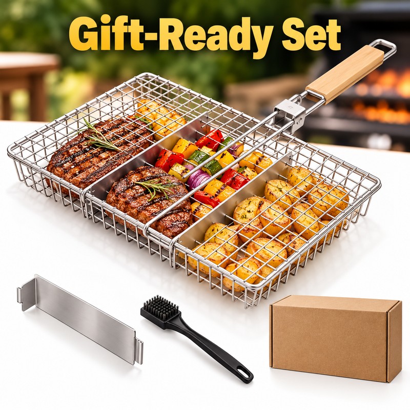 Stainless Steel Grill Basket with Removable Divider – Reusable BBQ