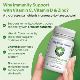 Simply Supplements Vitamin C, D and Zinc Capsules for Immunity Support | One-a-Day Formula | 120 Fast Release Capsules = 4 Months' Supply | Vegan Friendly | Manufactured in The UK