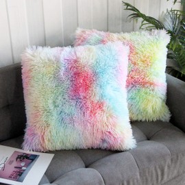 Uhomy 2 Packs Fall Winter Home Decorative Colorful Plush Pillow Cover 18"x18", Luxury Fluffy Super Soft Faux Fur Throw Pillow Cover Cushion Case for Sofa Bed Chair Unicorn Colorful 45x45 cm