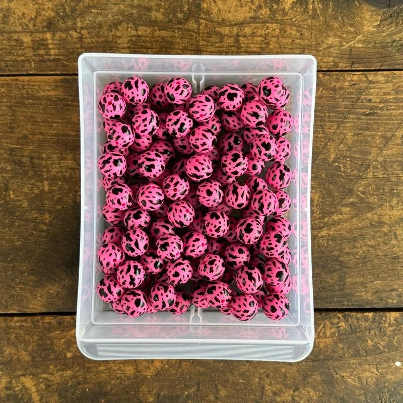 15mm Printed Silicone Beads - 10pc:_Pink Cowprint