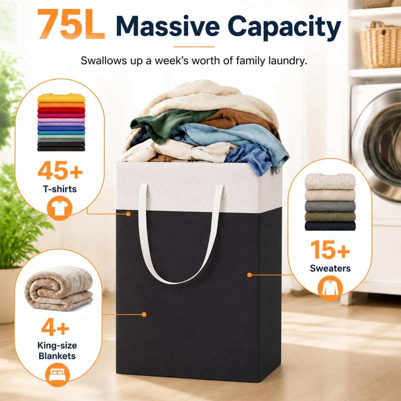 6Pack 75L Laundry Basket, Waterproof Collapsible Laundry Hamper with Handles,