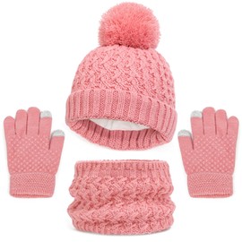 LINSOCLE 3-in-1 Children's Winter Hat Scarf Gloves Set, Girls Winter Beanie Hat Scarf Gloves Set, Boys Warm Winter Hat Beanie Hat Gloves Round Scarf Set for Children 1-6 Years, pink