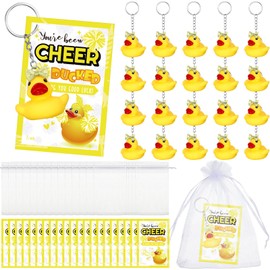 Seenelling Cheer Gifts Bulk Duck Keychain You've Been Cheer Ducked Tags Bows Organza Bags for Cheerleader Team Gift (Yellow,40 Set)