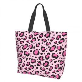 Cafl Pink Black Leopard Tote Bag Cute Leopard Skin Shoulder Bag Large Reusable Eco-friendly Beach Bags Portable Storage Handbag Convenient for Women Gym Travel Shopping