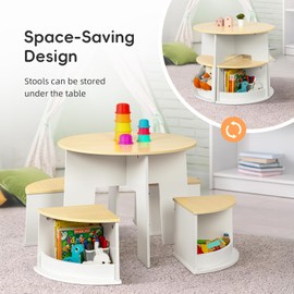 OOOK Toddler Table and Chair Set, Wooden Round Table with 4 Storage Stools, Kids Tables and Chairs for Arts, Crafts, Read and Play