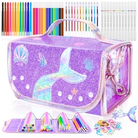 JYPS 70 Pieces Mermaid Painting Set for Children with Pencil Case, Painting Case Set Children with Felt Tip Pens, Glitter Pens, Coloured Pencils Markers, Art Set, Craft Set, Easter Gifts for Girls 3-10 Years