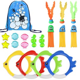Udbrud Pack of 19 Diving Rings for Children, Pool Toys Fish Shape Diving Rings Seaweed Octopus Diving Jewel Toy Underwater Diving Playset with Drawstring Bag for Children Boys Girls