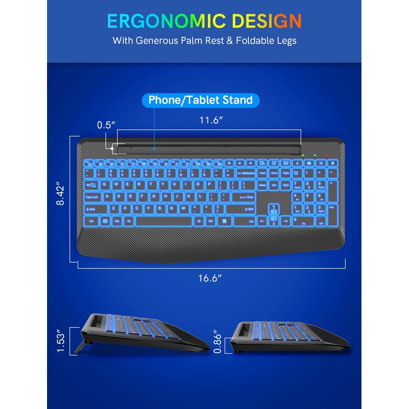 Wireless Keyboard with 7 Colored Backlits, Wrist Rest, Phone Holder,
