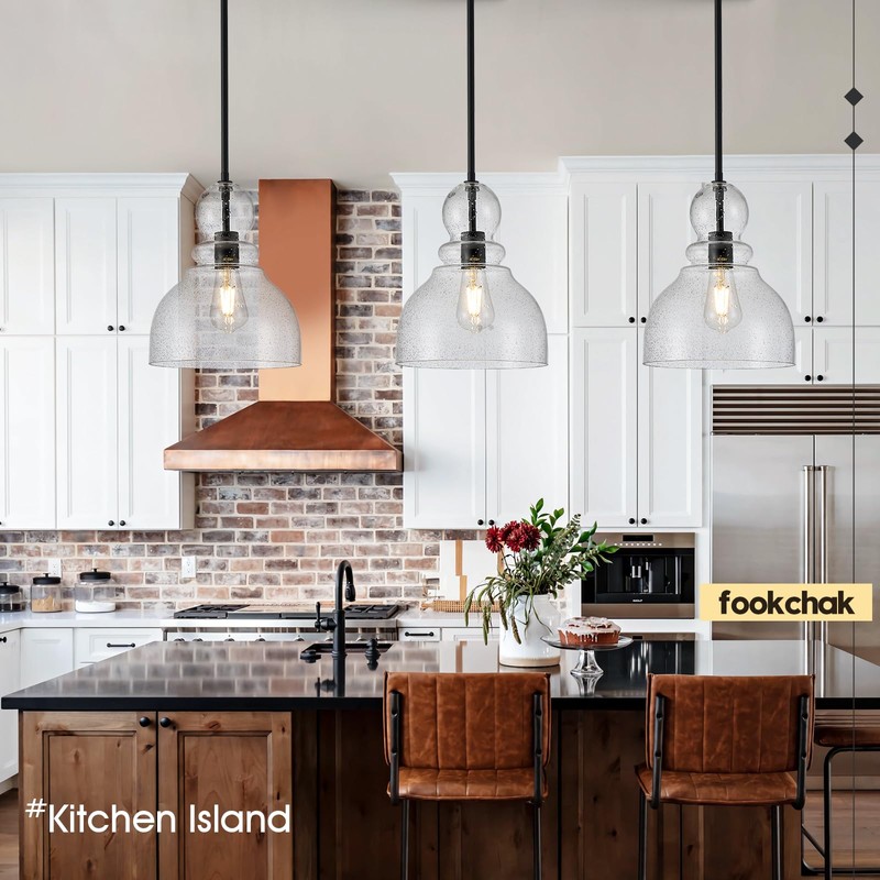 FookChak 10" Seeded Glass Pendant Lights Kitchen Island Black Pendant