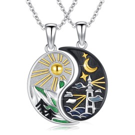 Yin Yang Matching Necklace 925 Sterling Silver 2 Pieces Mountain and Lighthouses Pendant Day and Night BFF Necklace Couple Friendship Jewellery Travel Gifts for Travellers Lovers Friendship, Sterling