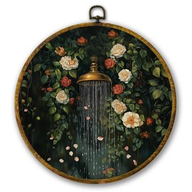 Mcehtle Moody Botanical Shower Bathroom Wall Art Decor, Vintage Wildflowers Floral Cottagecore Framed Canvas Prints 10x10, Flower Bath Round Wall Hanging Artwork Decorations for Bedroom Living Room