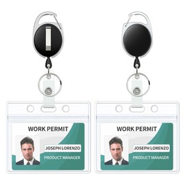 Uniclife ID Card Holder Horizontal Clear Plastic Case with Retractable Badge Reel Carabiner Hook Soft Waterproof Card Protector for IDs Credit Cards Proximity Cards and ID Cards, Pack of 2
