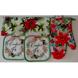 Christmas House Kitchen Towel Poinsettia Comfort & Joy Holiday 4 Piece Set