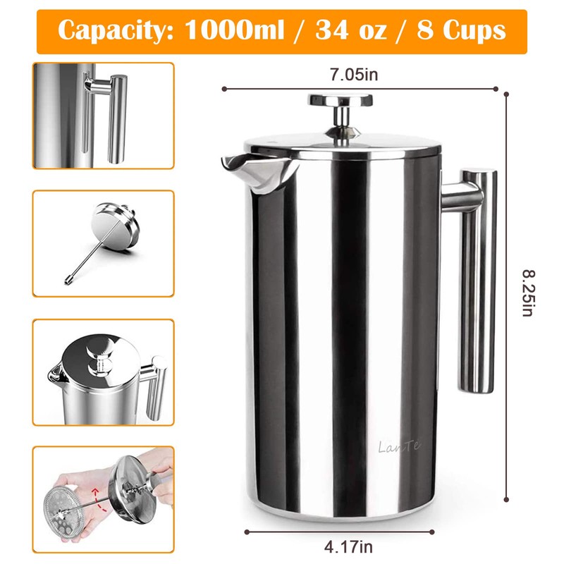 French Press Coffee Maker, Double Insulated 304 Stainless Steel Coffee