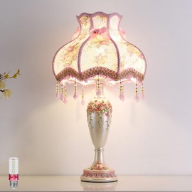 Aeyee Lovely Table Lamp with Fabric Lampshade, Antique Flower Decorative Bedside Desk Lamp, Handmade Night Light for Bedroom Nightstand