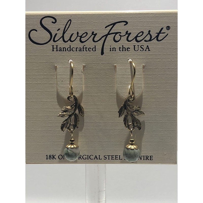 Silver Forest Leaf Swag with Bead Drop pierced Earrings NE-1993
