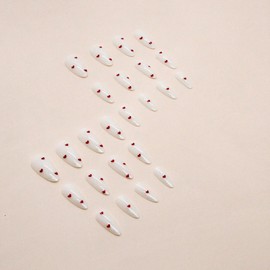 Valentines Press on Nails White Fake Nails Almond Shape False Nails Glossy Artificial Nails Red Heart Acrylic Nails Full Cover Glue on Nails Medium Length Stick on Nails Cute Valentine’s Day Nails