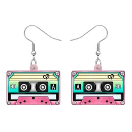 SHIGIE Acrylic 80S 90S Retro Magnetic Cassette Tape Earrings Dangle Vintage Lightweight Jewellery For Women Music Lovers Gifts (Pink)
