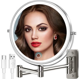 9" Large 15X Rechargeable Wall Mounted Lighted Makeup Mirror Nickel, 5000mAh HD Magnifying Mirror with 3 Color Bright Lights Touch Screen Dimmable, 17" Extendable 360° Swivel Bathroom Vanity Mirror