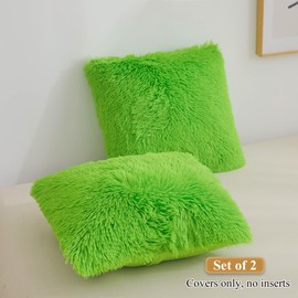 XeGe Faux Fur Throw Pillow Covers, Luxury Fluffy Plush Green Pillow Shams, Shaggy Furry Decorative Pillow Fuzzy Cushion Cover for Sofa Bed Couch, Zipper Closure, Pack of 2(18''x18'', Lime Green)