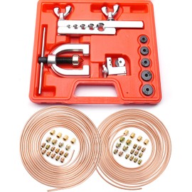 Racewill 25 ft 3/16" + 1/4" Copper Coated Brake Line Kit (Includes 32 Fittings and 8 Unions)+ Brake Line Double & Single Flaring Tool Kit