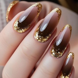 MERVF Almond Press on Nails Medium Fake Nails Black Ombre French Tip Glue ons Manicure Gold Glitter Design Stiletto Acrylic Nail Supplies DIY Glossy 24pcs
