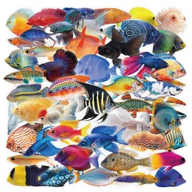 50PCS Clear Tropical Marine Life Ocean Stickers PET Fish Aesthetic Sticker for Journaling Junk Journal Scrapbook Supplies Waterproof Transparent Fishing Decals for Resin Crafts Decorative(Fishes)