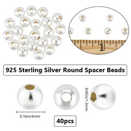 Beebeecraft 1 Box 40Pcs Round Spacer Beads Sterling Silver 4mm Round Smooth Loose Balls Beads for DIY Craft Bracelet Necklace Jewellery Making Supplies