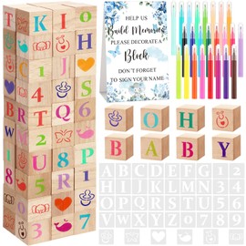Wonderjune 147 Pcs Baby Shower Blocks Games Sets, 80 DIY Blank Wooden Block 42 Stencils 24 Watercolor Marker 1 Decorate a Block Game Sign for Gender Reveal Baby Shower Party Supplies(Flower Elephant)